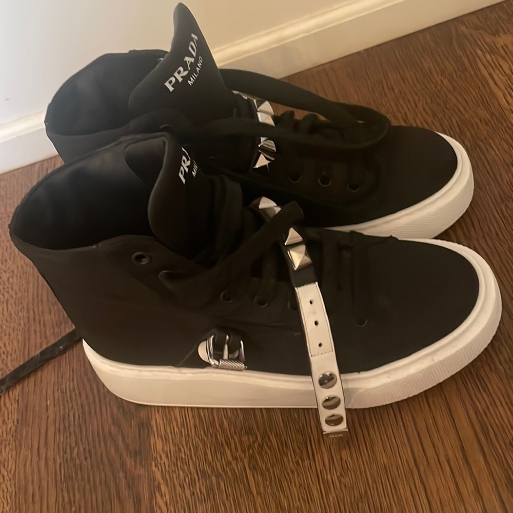 Prada. 37.5. Nylon platform high top sneakers.